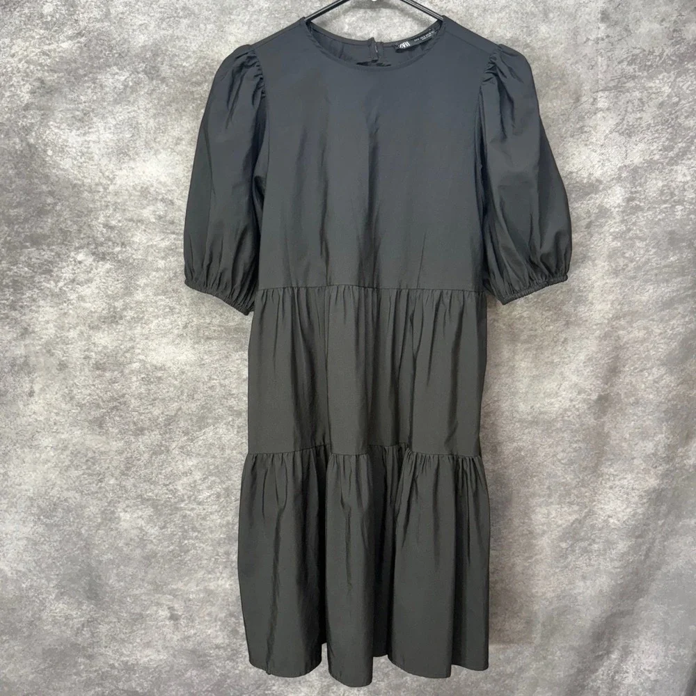ZARA Puff Sleeve Tiered Mini Dress Size S Black Cut Out Tie Back